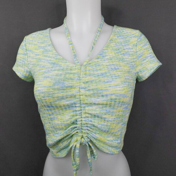 Women Baby Tee Top Small Green Y2K Cropped Knit Ribbed Drawstring Statement - Picture 1 of 13